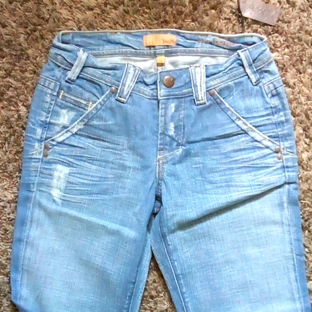 Yanuk Denim Distressed Light Wash Low Rise Bootcut Jeans, Sz 28